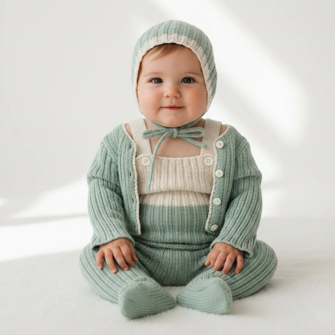 Baby wearing a green knitted outfit with a matching bonnet on a white background