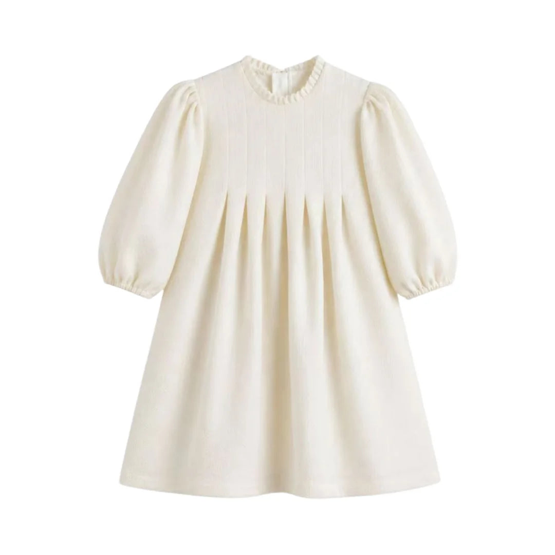 Front view of the elegant cream-colored C’era Una Volta Brigitte long-sleeve dress with a classic tailored silhouette