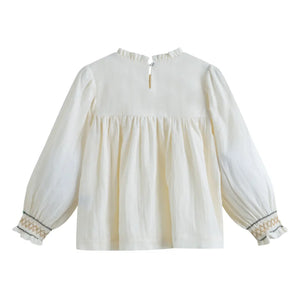 White blouse with long sleeves and decorative cuffs on a white background