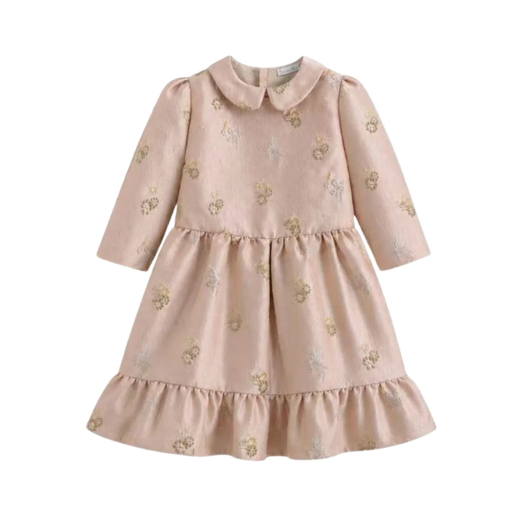 A front view of the elegant, soft pink C’era Una Volta Lylas long-sleeve dress.
