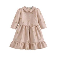 A front view of the elegant, soft pink C’era Una Volta Lylas long-sleeve dress.