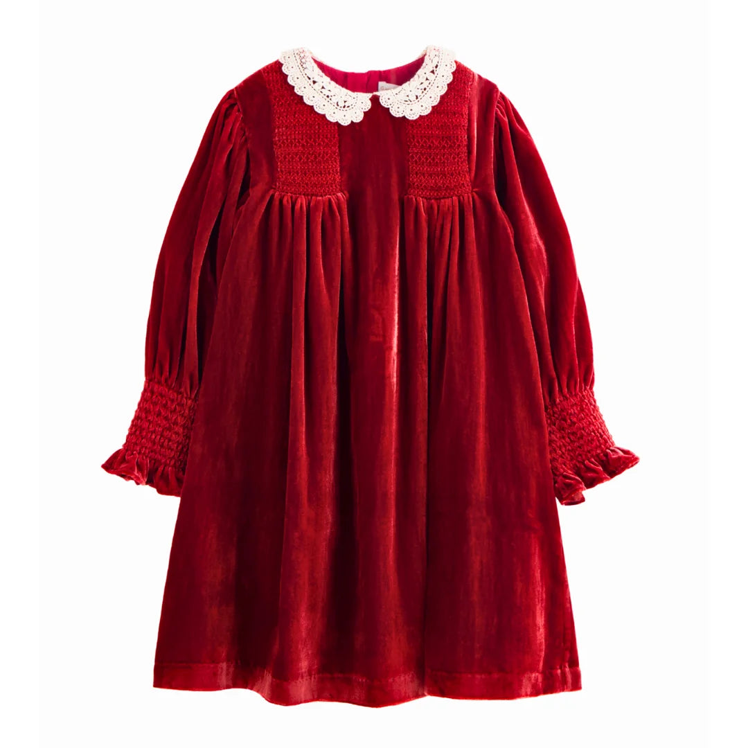 A front view of the C’era Una Volta Lory dress in a vibrant, classic red.