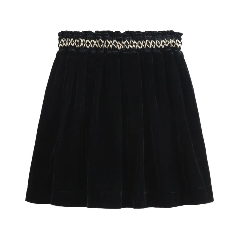 Black skirt with a decorative waistband on a white background