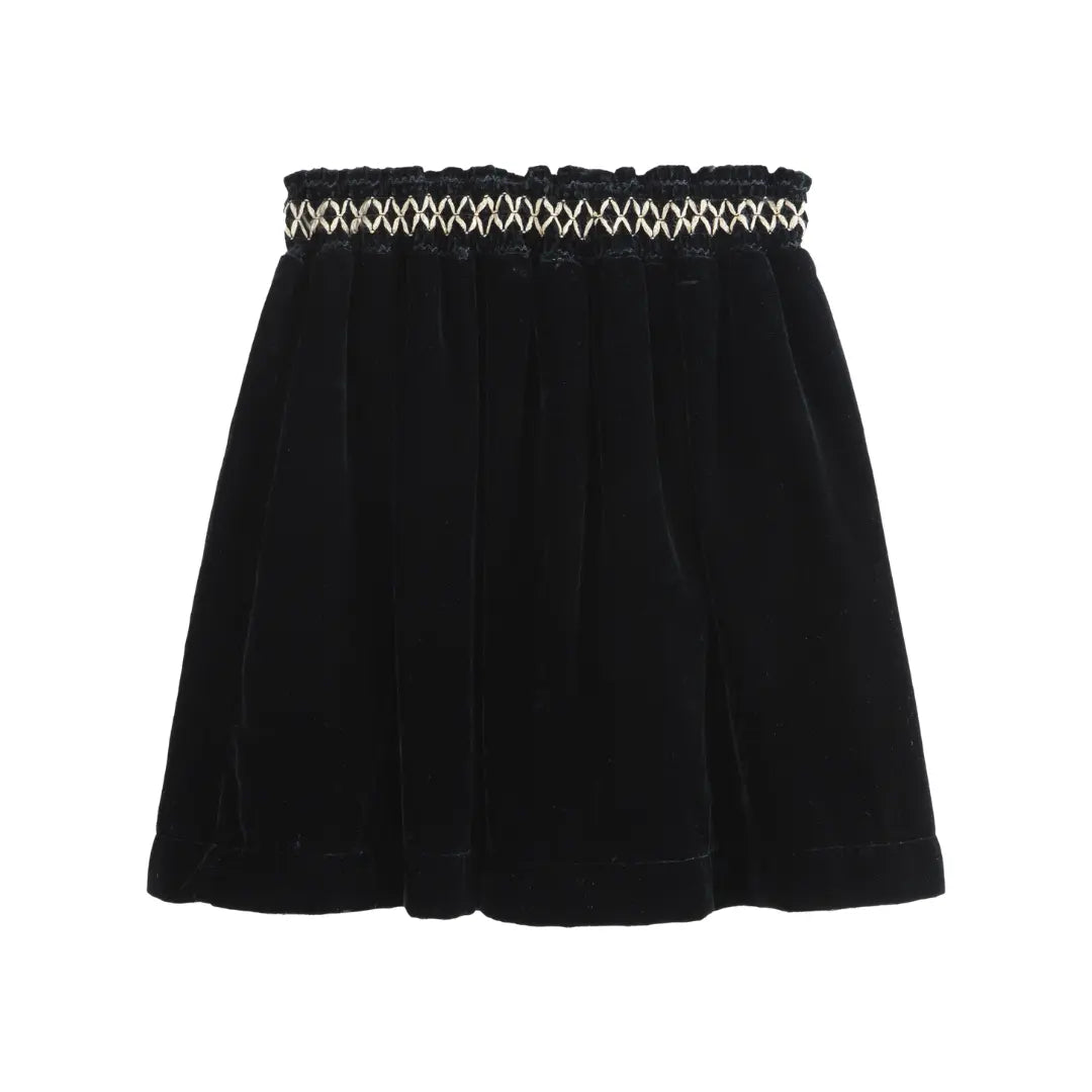 Black skirt with patterned waistband on a white background