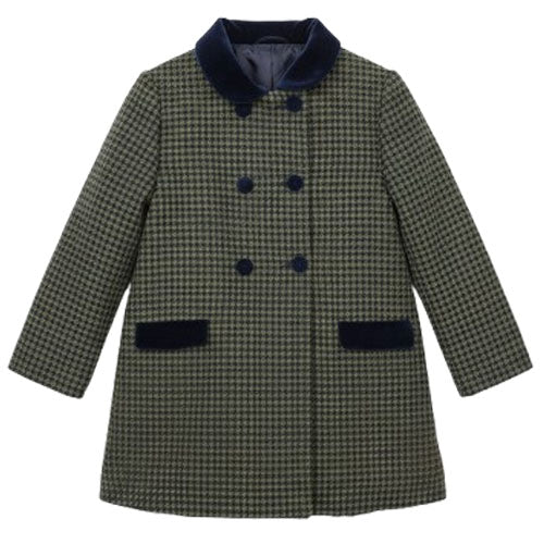 Green checkered coat with navy trim on a white background