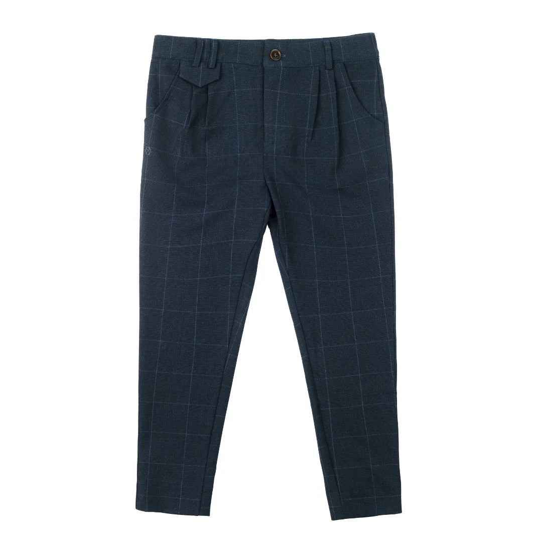 A front view of the Cottier navy tartan slim stretch pants for children.