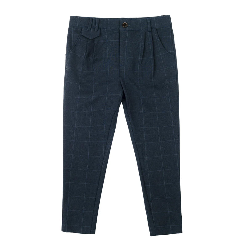 A front view of the Cottier navy tartan slim stretch pants for children.