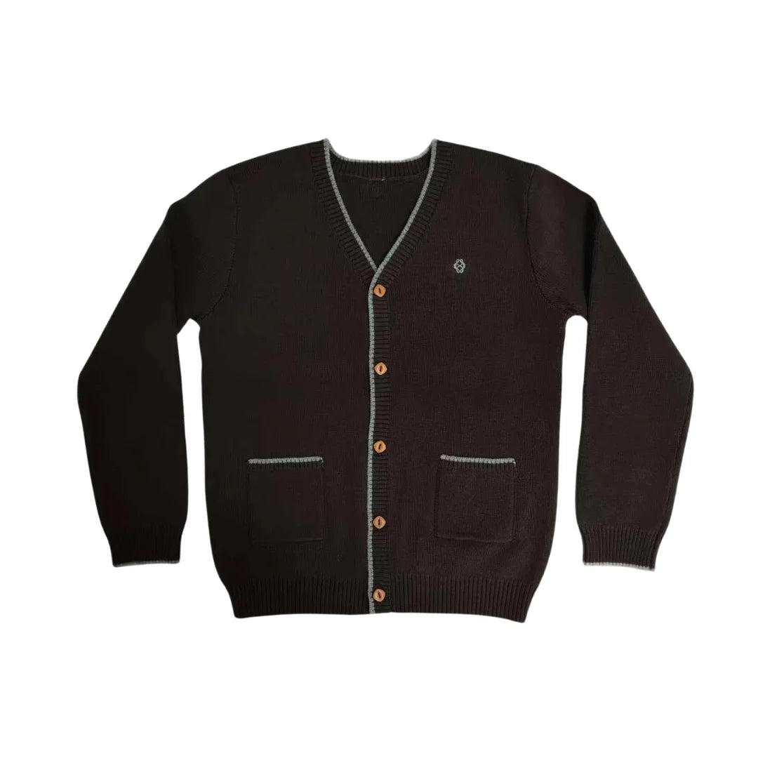 A front view of the Cottier brown Leo knit cardigan.
