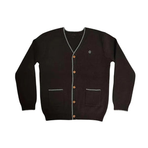 A front view of the Cottier brown Leo knit cardigan.