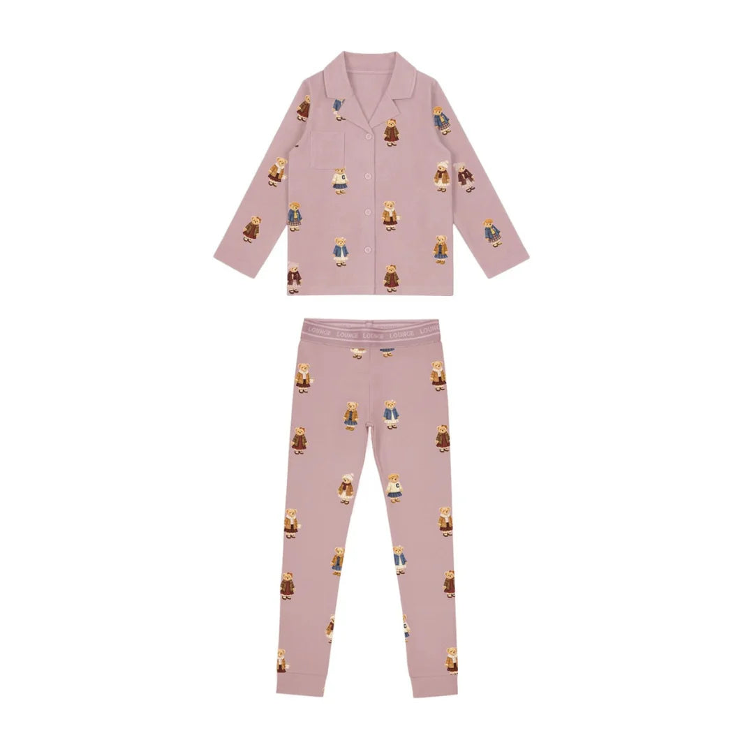 front view of the Crew lounge Dusk teddy pattern grandpa pajama set.