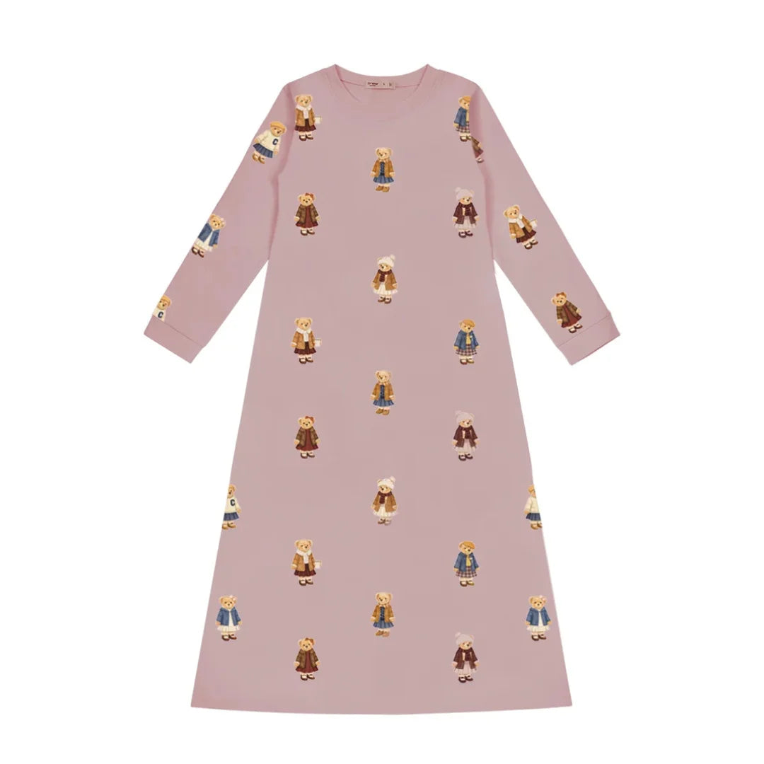 front view of the Crew lounge Dusk teddy pattern nightgown.