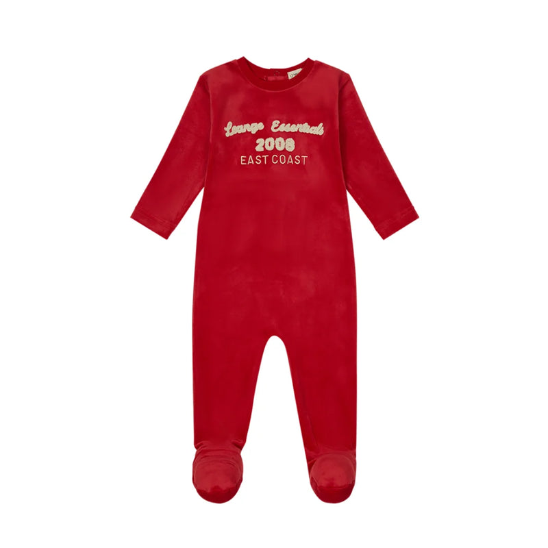 A front view of the Crew Lounge coral terry applique baby footie.