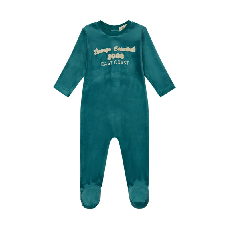 A front view of the Crew Lounge green terry applique baby footie.