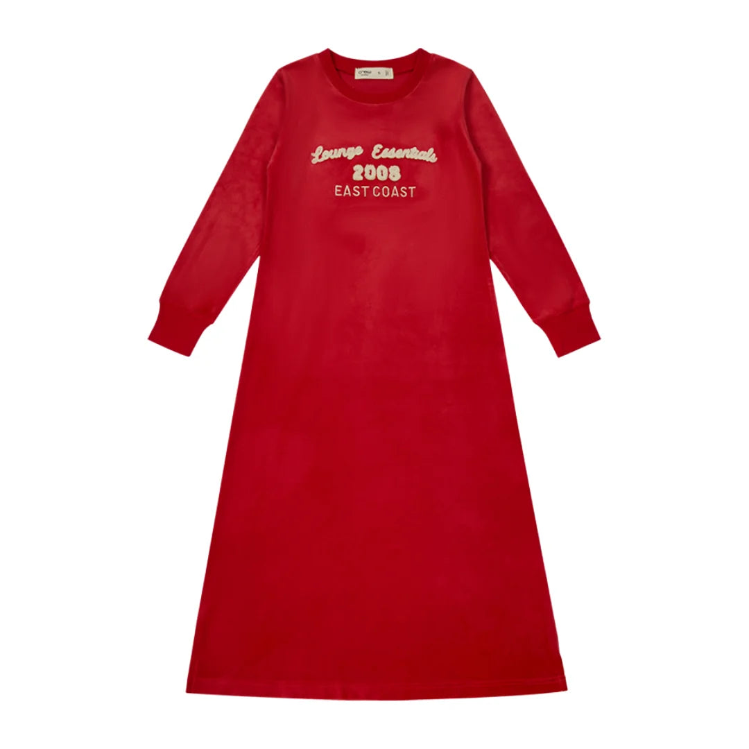 A front view of the Crew Lounge coral terry applique lounge nightgown.