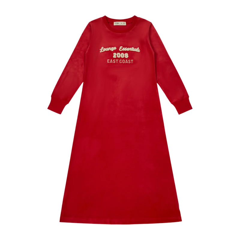 A front view of the Crew Lounge coral terry applique lounge nightgown.