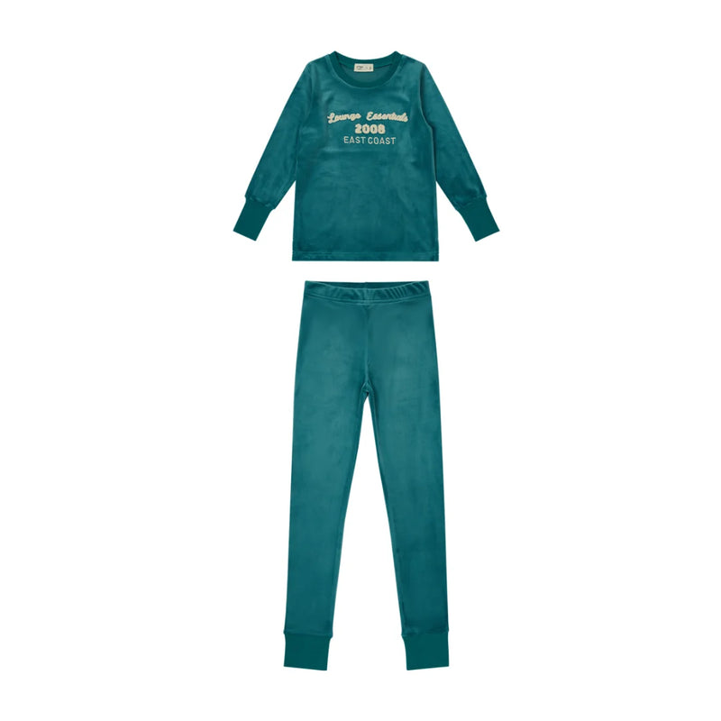 A front view of the Crew Lounge green terry applique lounge set