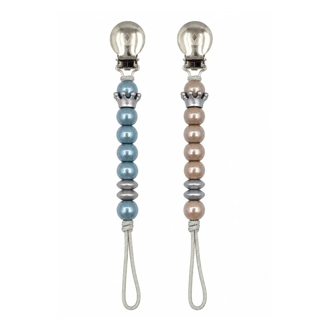 Studio front view of the Crystal Dream Crown pacifier clip with sparkling crystals.