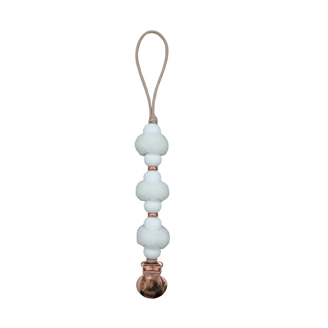 front view of the Crystal Dream pom pacifier clip in white.