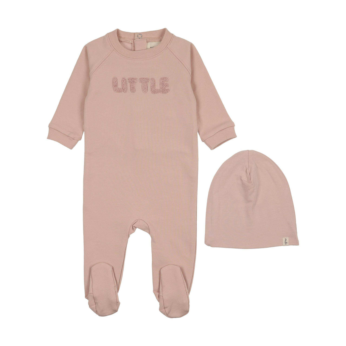 Mema Knits Pale Rose Sherpa Wordart Footie + Beanie