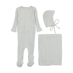 Mema Knits Blue Picot Edge Textured 3 Pc Layette Set