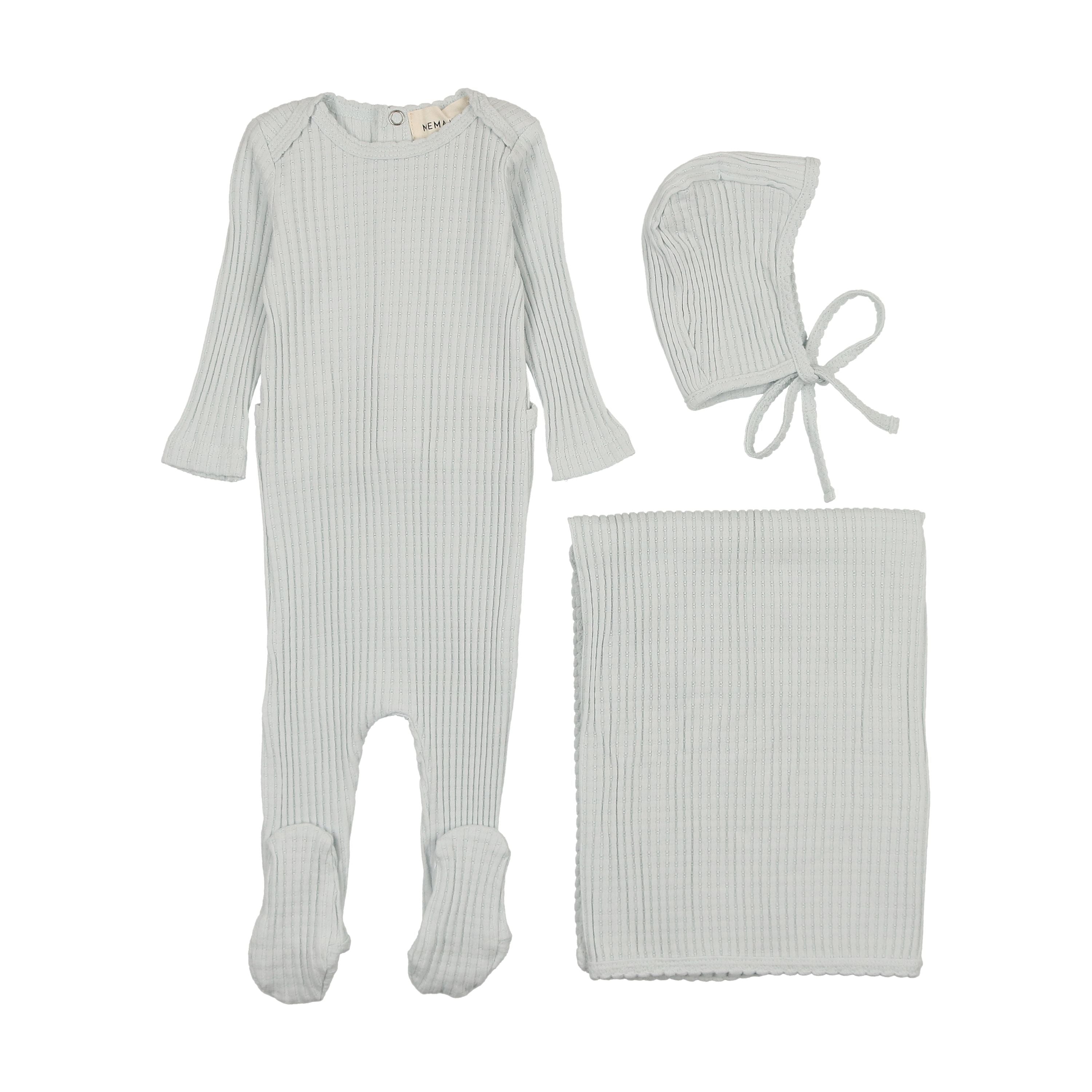 Mema Knits Blue Picot Edge Textured 3 Pc Layette Set