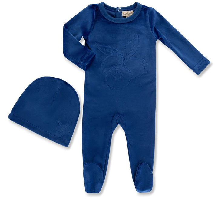 Little Label Blue Velour Embroidered Footie + Hat