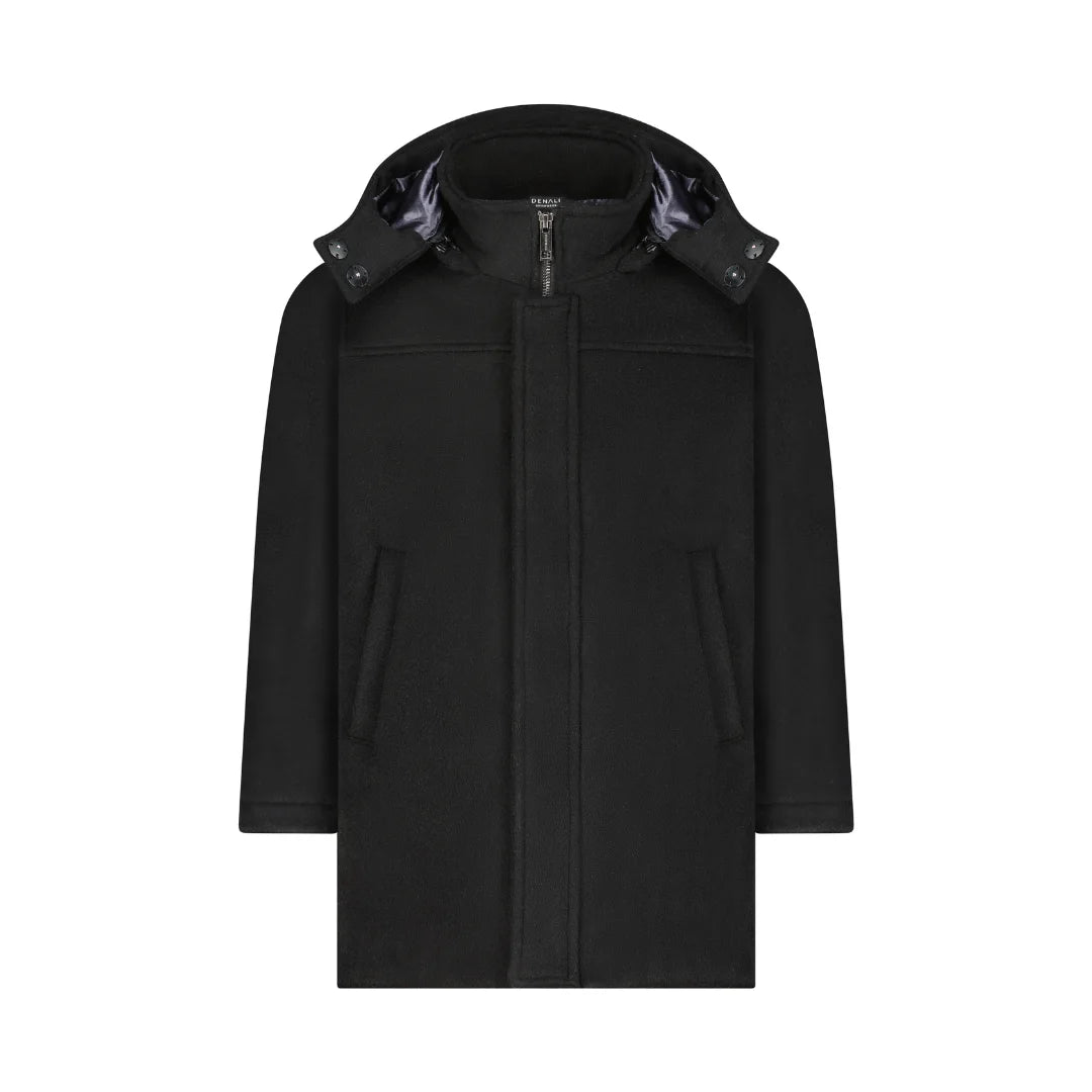 A front view of the Denali black wool coat for boys.