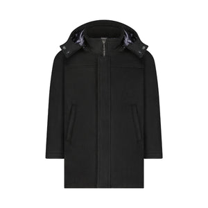 A front view of the Denali black wool coat for boys.