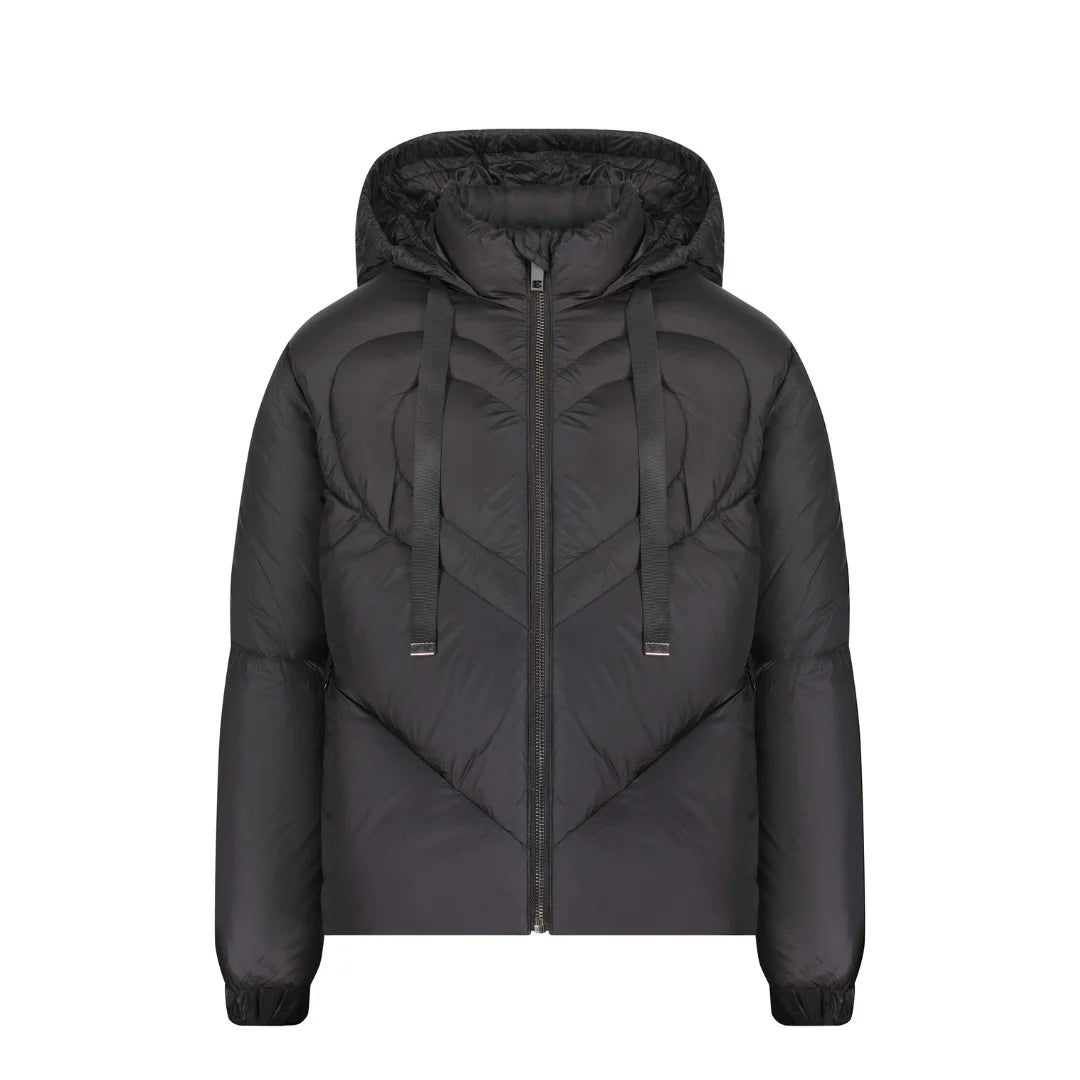 A front view of the Denali black heart-quilted coat for girls.
