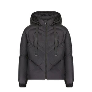 A front view of the Denali black heart-quilted coat for girls.