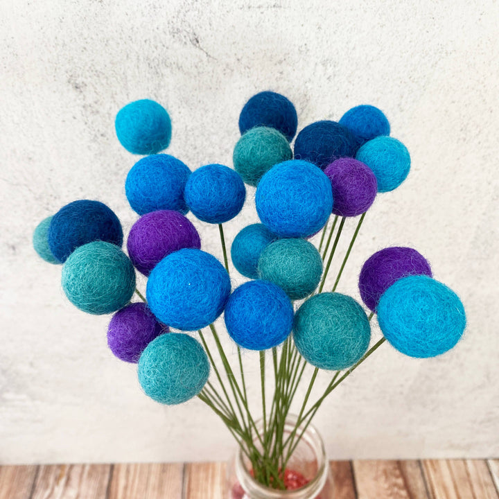 Oakwind Hollow - Set of 8 Felted Wool Flower Ball Bouquet Blue Skies