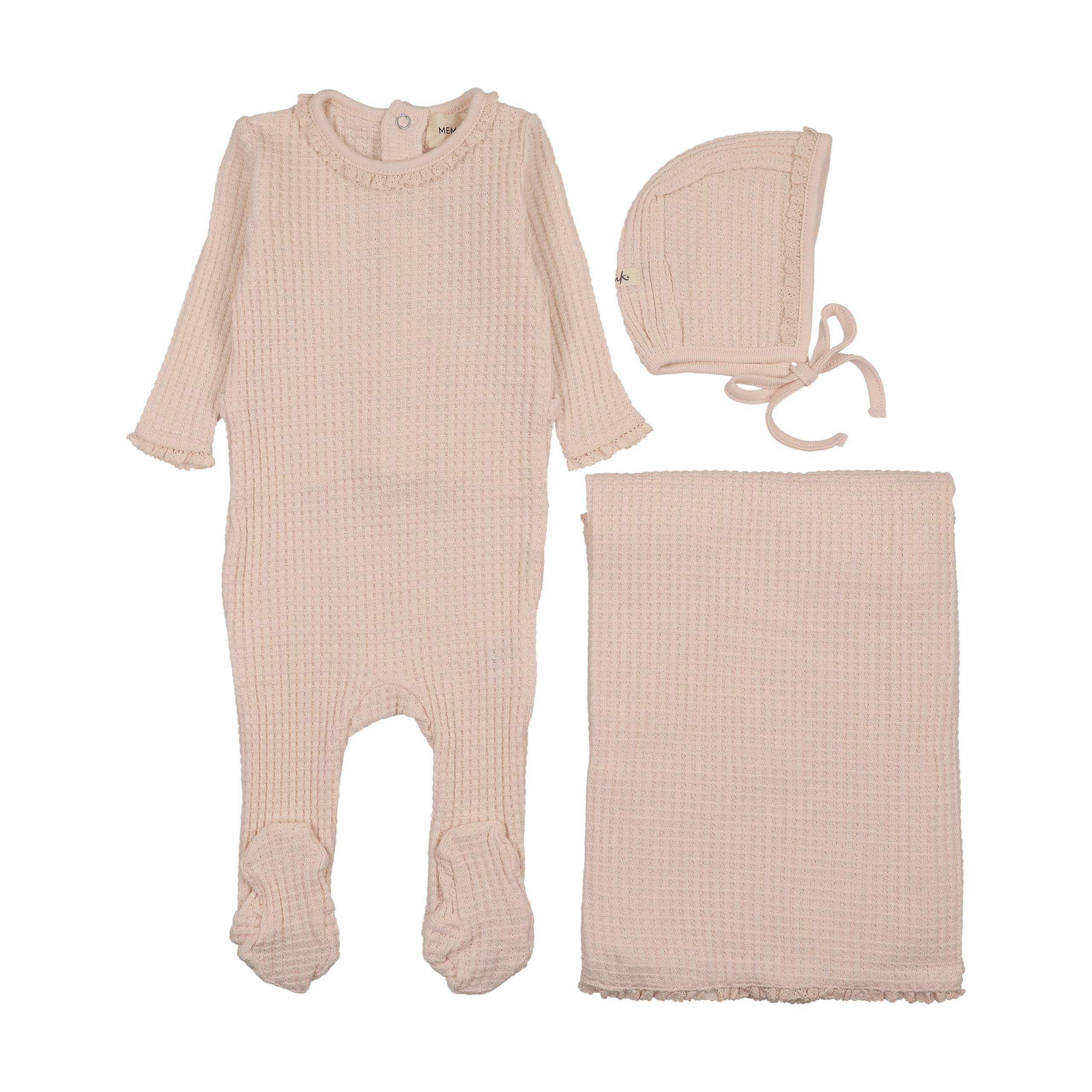 Mema Knits Baby Blush Honeycomb Waffle 3 Pc Set