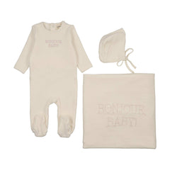Mema Knits Pink Bonjour Baby Stitched Velour 3 Pc Set