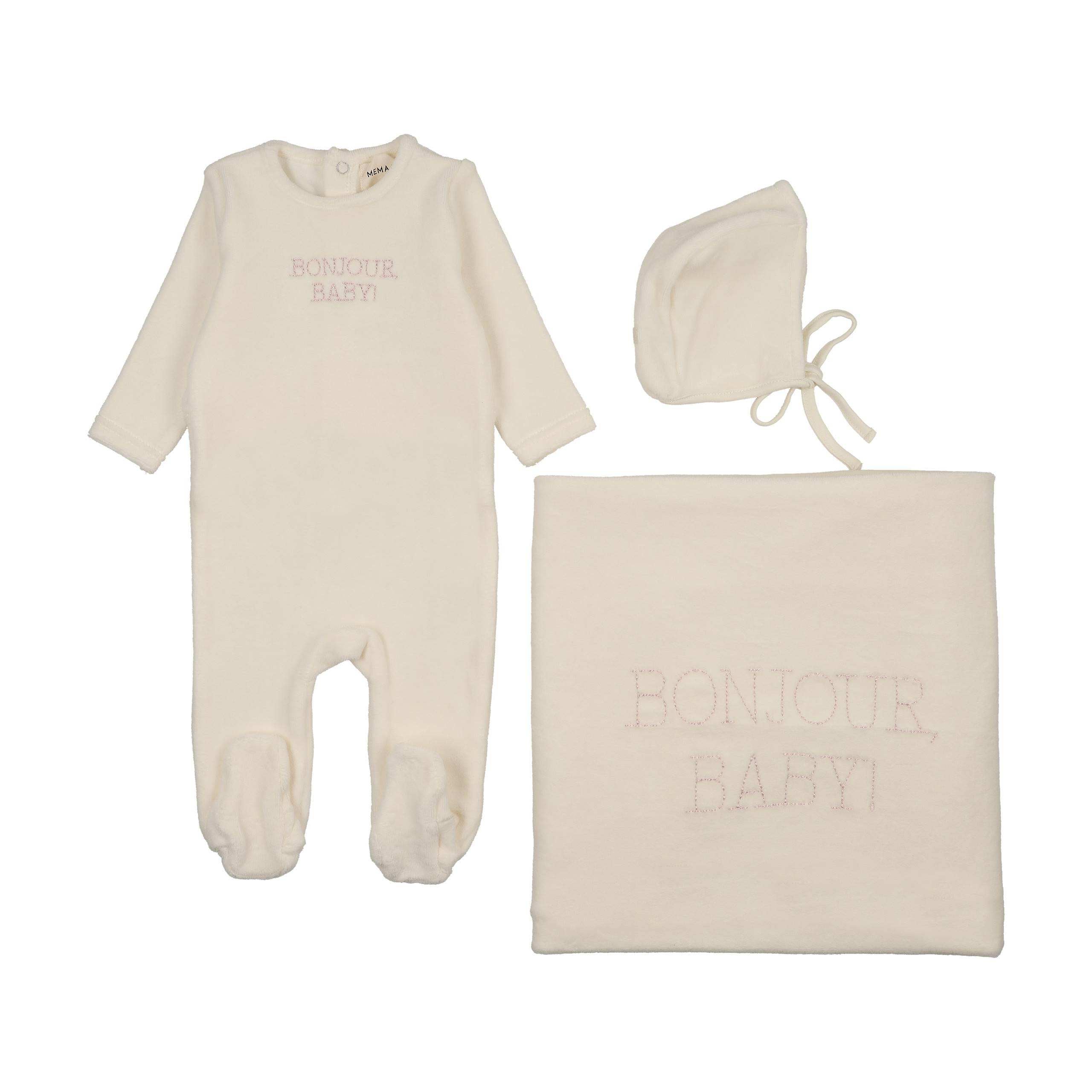 Mema Knits Pink Bonjour Baby Stitched Velour 3 Pc Set