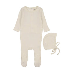 Mema Knits – Picot Edge Honeycomb Waffle Footie & Bonnet Set | Ivory