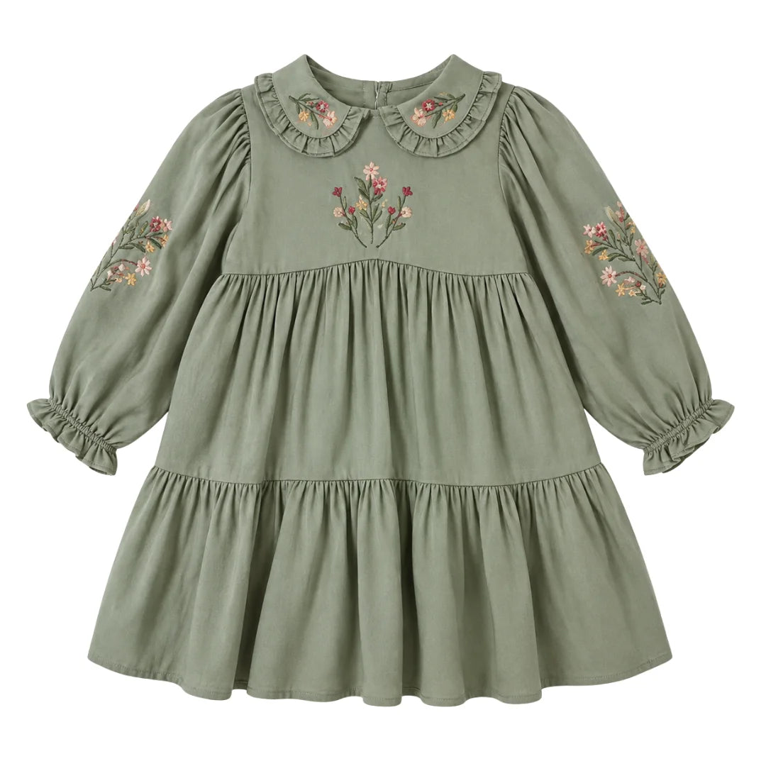 front view of the Early Sunday sage green Marguerite designer dress.