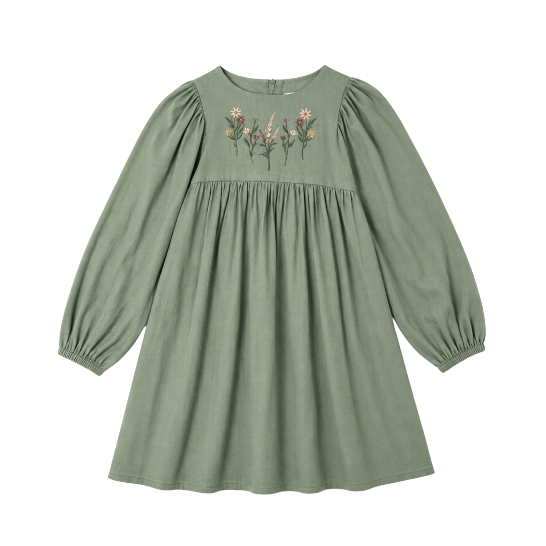 front view of the Early Sunday sage green Belle designer dress