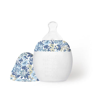 Élhée Liberty Honey Dew Blue 150ml anti-colic silicone baby bottle with matching Liberty floral cap