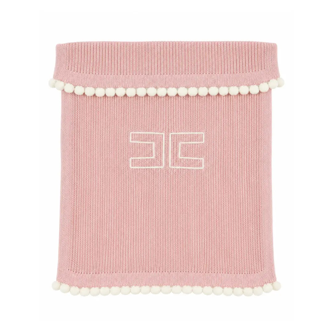 A flat-lay view of the Elisabetta Franchi English knit blanket in pink and ivory with border.