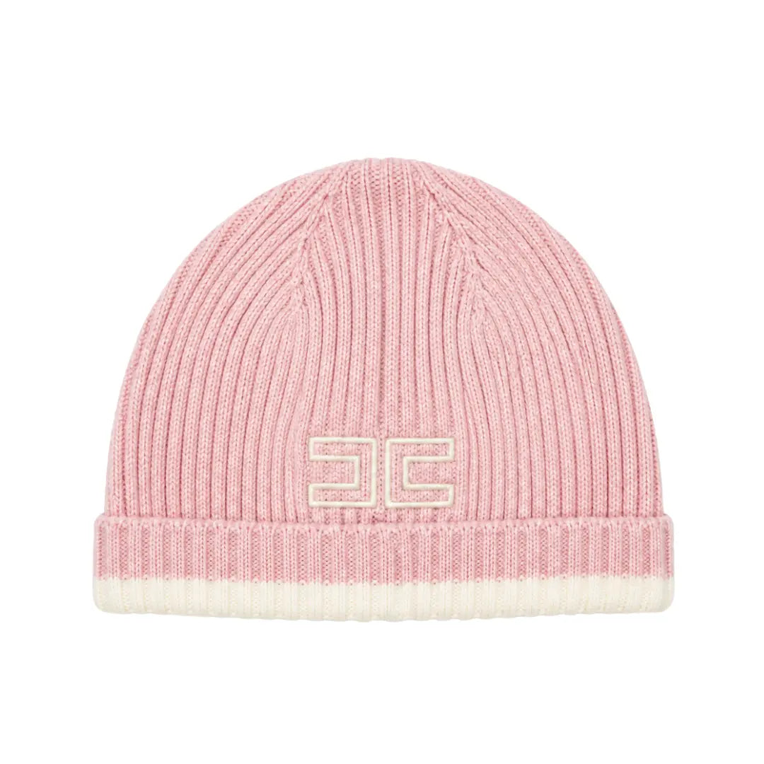 A flat-lay view of the Elisabetta Franchi English knit cap in pink and ivory with edges.