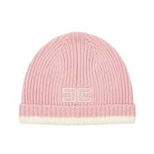 A flat-lay view of the Elisabetta Franchi English knit cap in pink and ivory with edges.