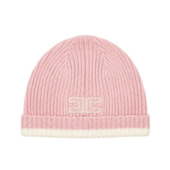 A flat-lay view of the Elisabetta Franchi English knit cap in pink and ivory with edges.