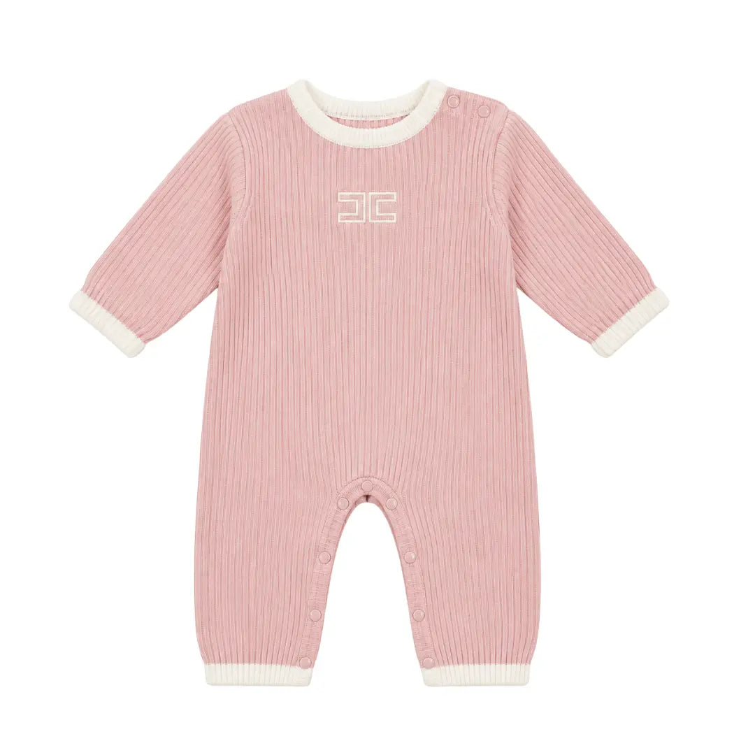 A flat-lay view of the Elisabetta Franchi English knitted romper in pink and ivory with edges.