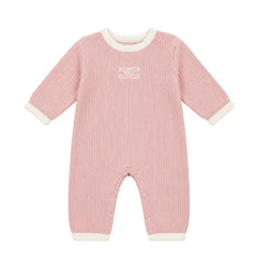 A flat-lay view of the Elisabetta Franchi English knitted romper in pink and ivory with edges.