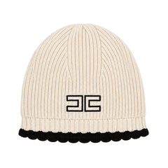 A flat-lay view of the Elisabetta Franchi knit cap in butter yellow with black trim.