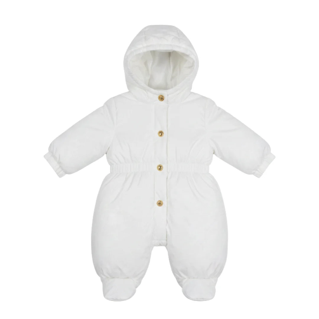 front view of the Elisabetta Franchi La Mia Bambina milk satin designer snowsuit.