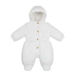 front view of the Elisabetta Franchi La Mia Bambina milk satin designer snowsuit.