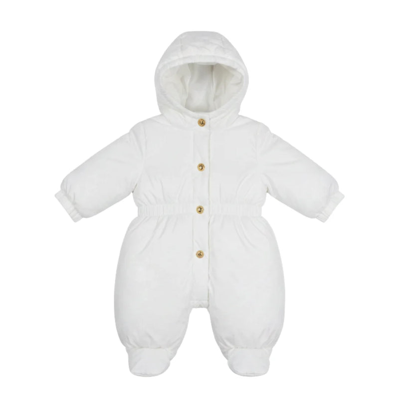 front view of the Elisabetta Franchi La Mia Bambina milk satin designer snowsuit.