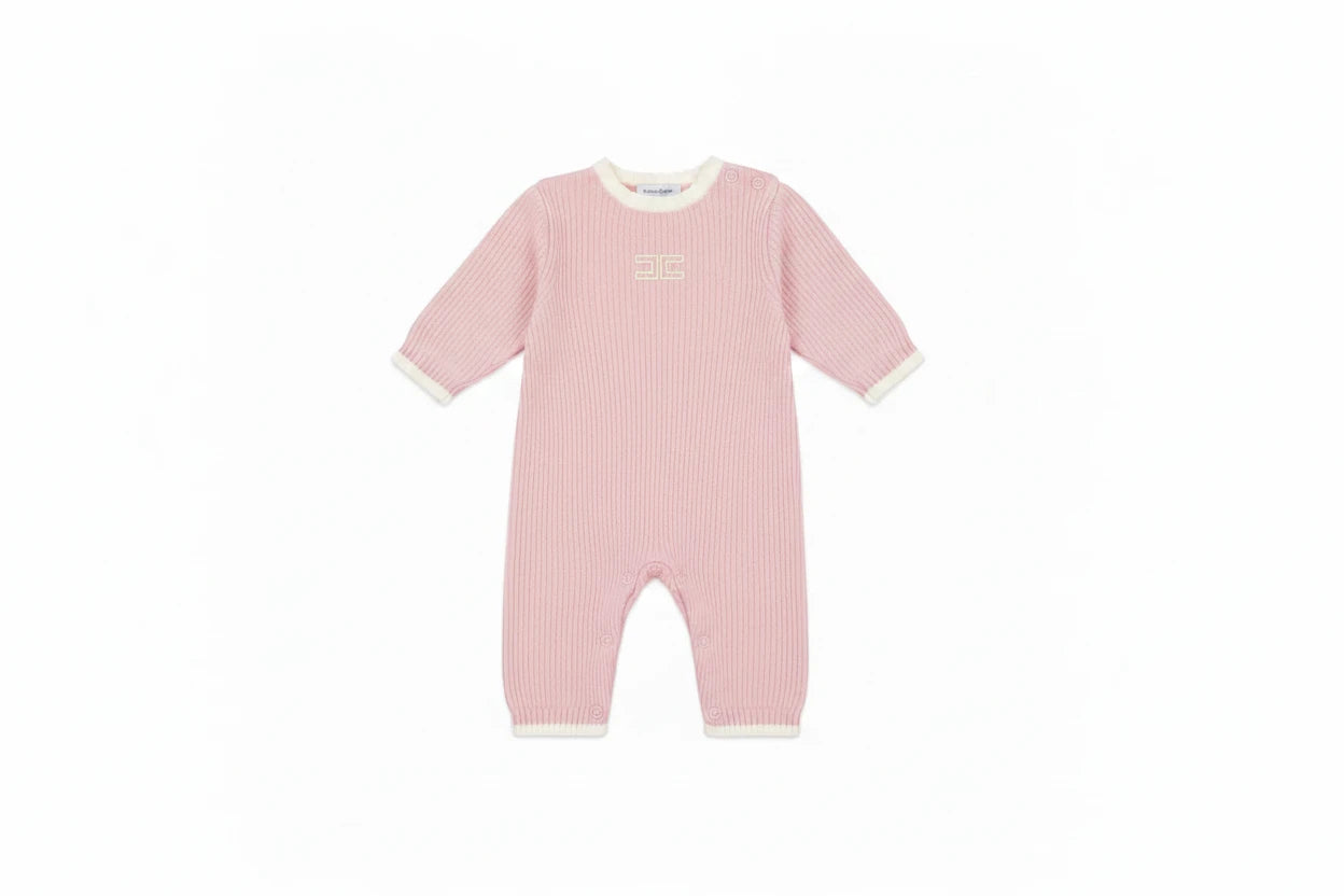 front view of the Elisabetta Franchi pink and ivory English knitted baby romper.