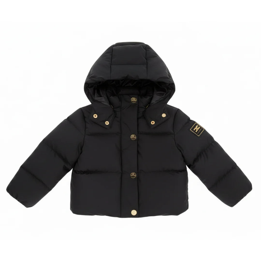 front view of the Elisabetta Franchi short black designer baby jacket.